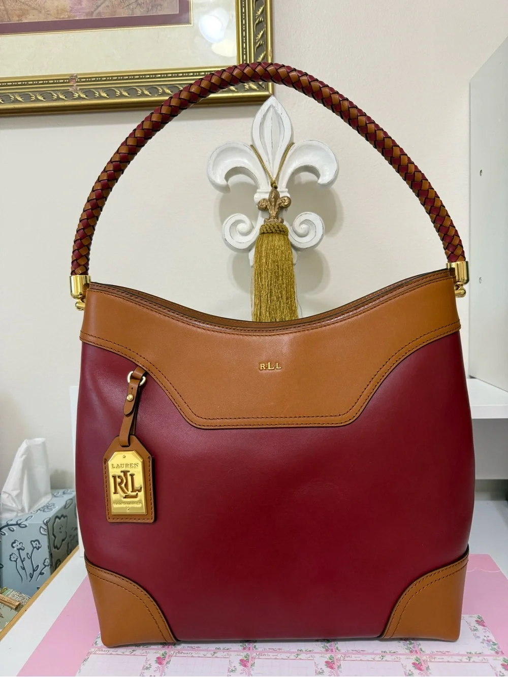 Ralph Lauren Two-Tone Burgundy and Tan Leather Shoulder Bag